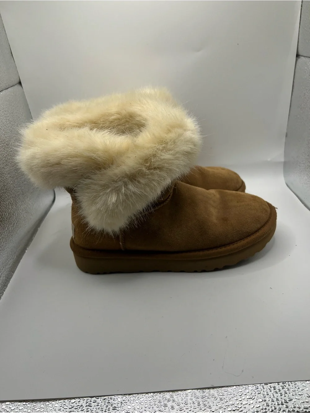 UGG Chestnut Suede Ankle Boots with Cream Faux Fur Cuff